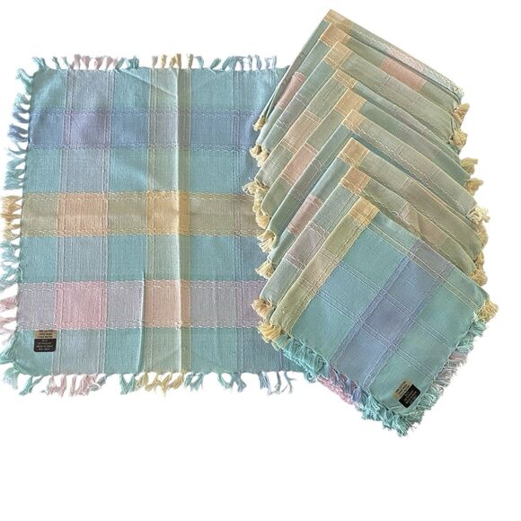 Lot of 10 Cloth Napkins Pastel Plaid Fringe 15.75" x 14.25" Cotton Dining - Picture 1 of 4